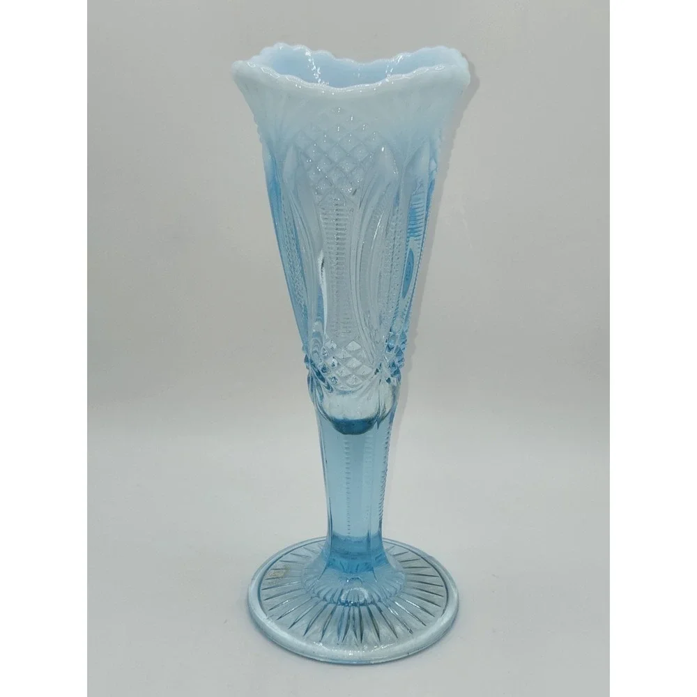 Mosser 1970s Aqua Opalescent Glass Vase Diamond Pattern Pedestal Vase 10
